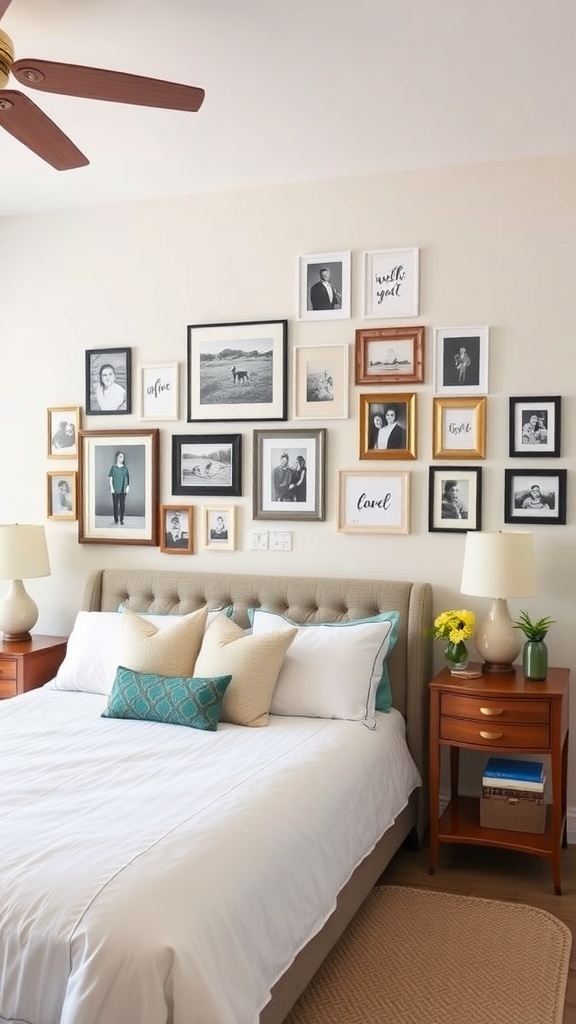 A cozy bedroom featuring a gallery wall with a variety of framed photos and quotes.