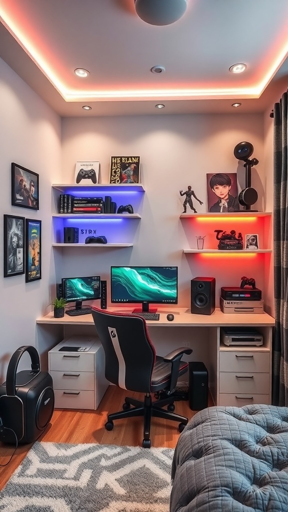 A personalized gaming corner featuring colorful LED lights, dual monitors, gaming consoles, and collectibles.