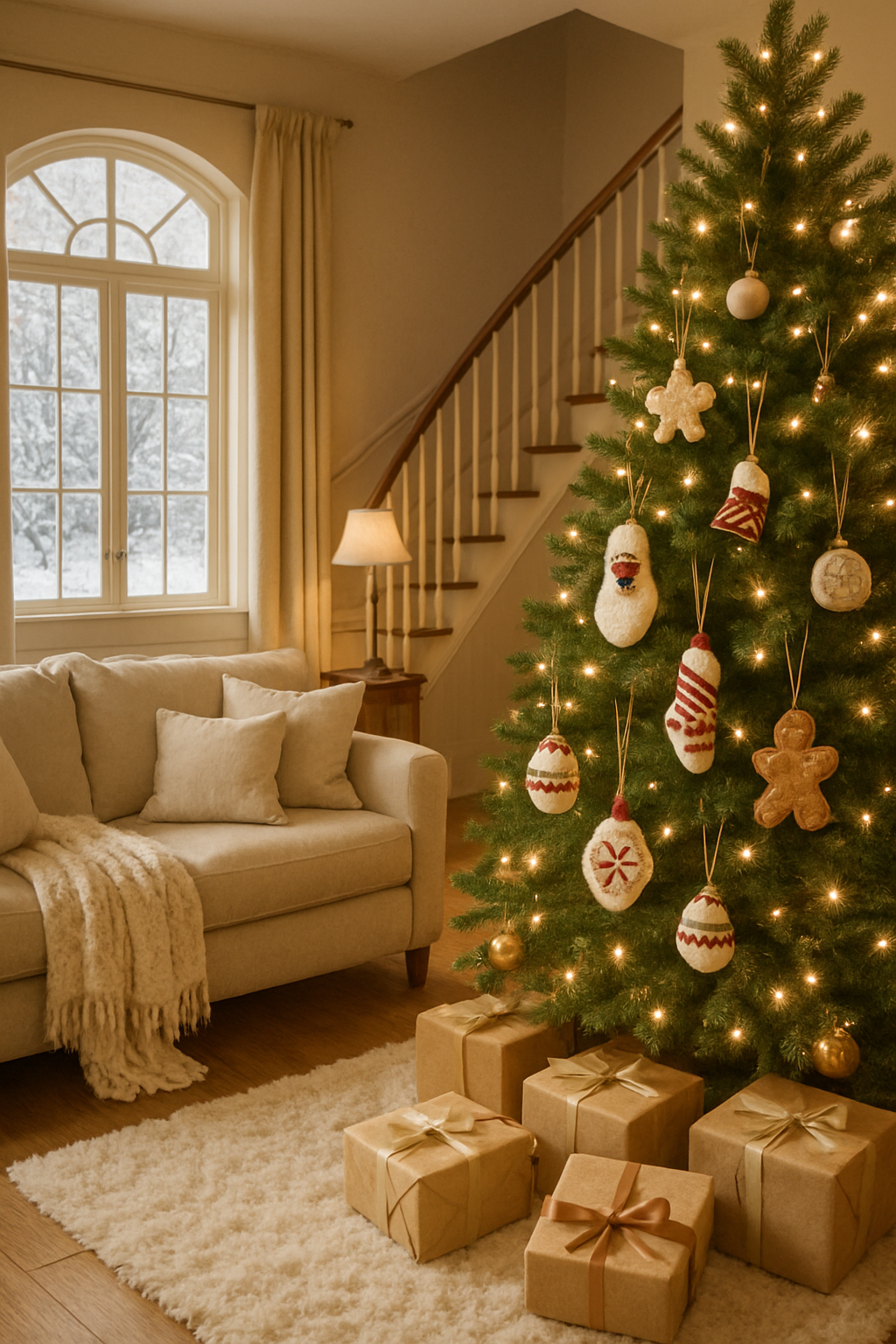 A cozy living room with a decorated Christmas tree featuring personalized ornaments and wrapped gifts.