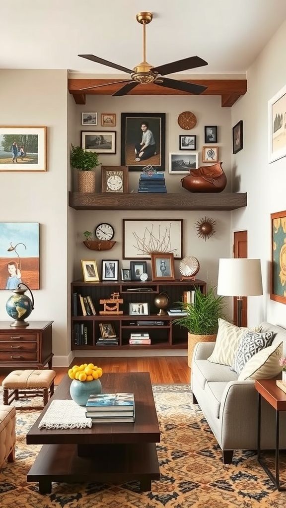 A cozy living room with a gallery wall, wooden shelves, and a comfortable sofa.