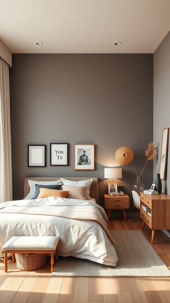 A minimalist Japanese bedroom featuring a cozy bed, framed art, and natural decor elements.