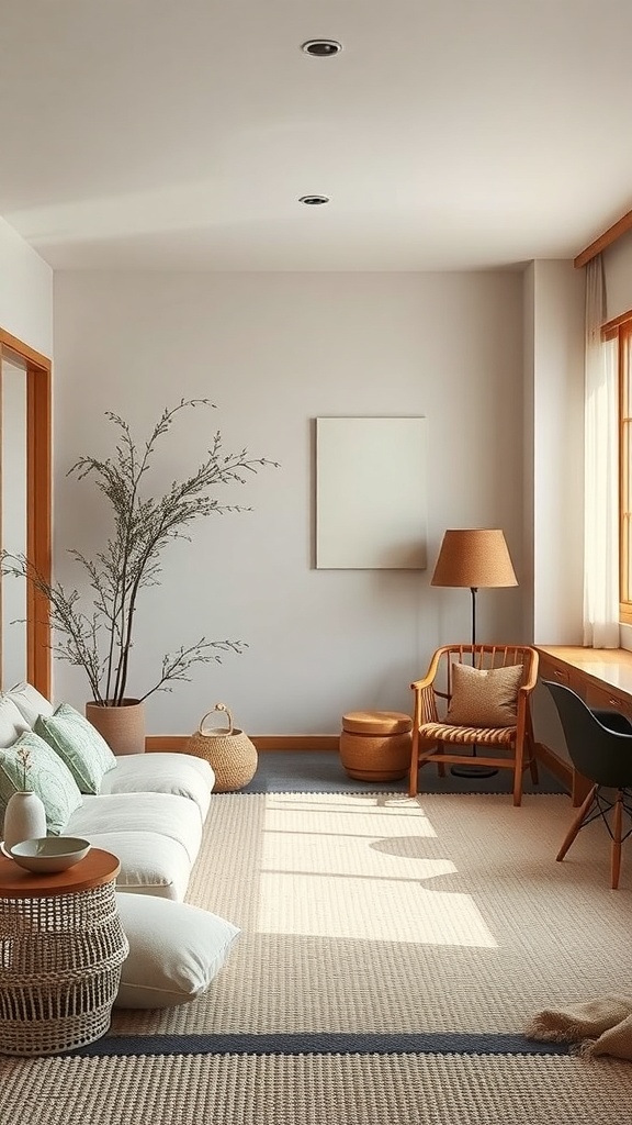 A cozy Japandi minimalism interior featuring a simple sofa, natural decor, and warm lighting.