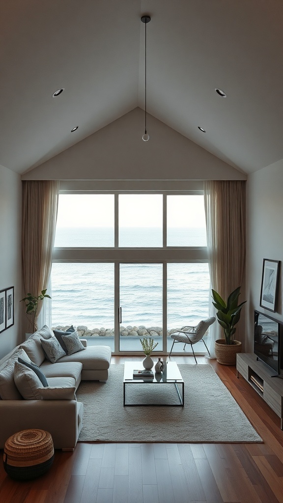 Helles Wohnzimmer mit Meerblick und minimalistischer Einrichtung