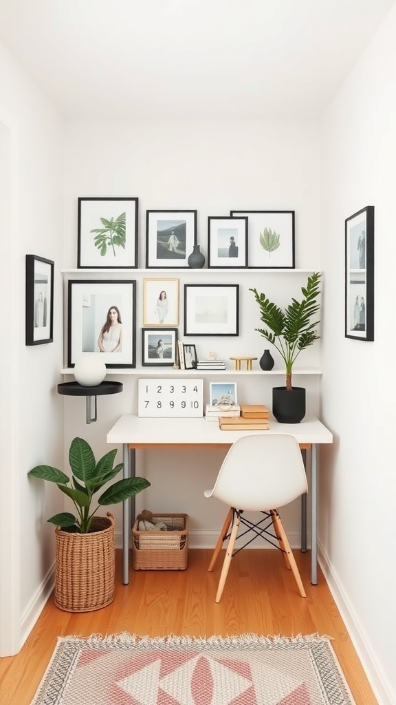 A minimalist home office corner with framed pictures, a desk, and plants.