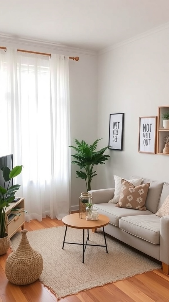 A cozy minimalist living room with a sofa, coffee table, and decorative elements.
