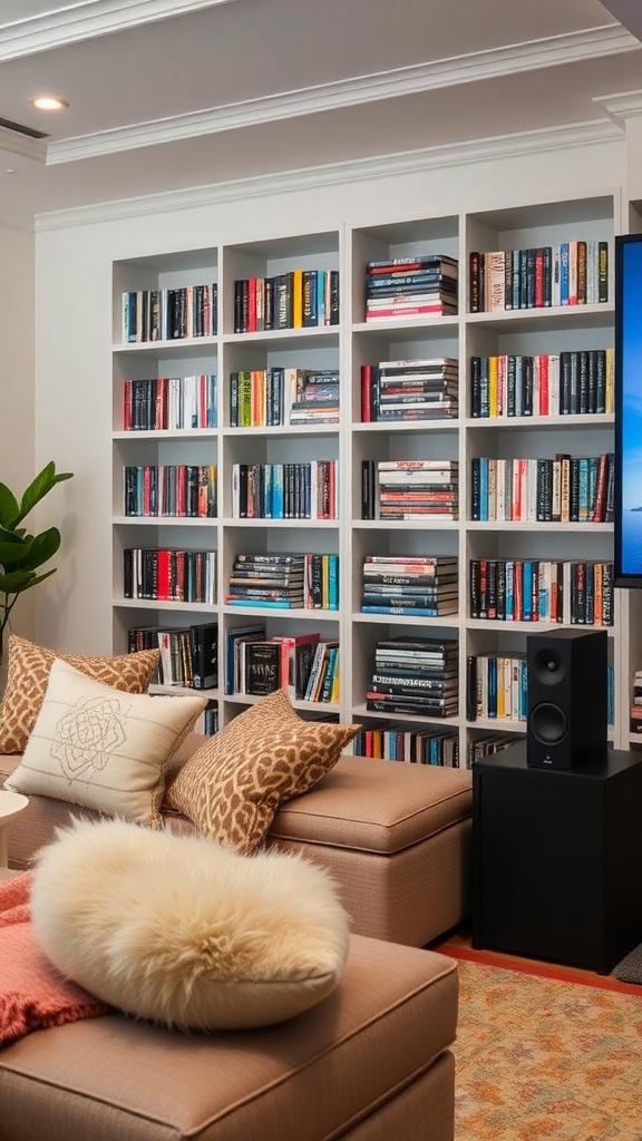 Cozy home theater setup with a bookshelf filled with books and comfortable seating.