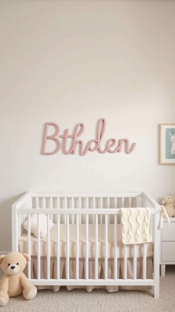 A nursery with personalized name decor spelling 'Bthden' in pink letters on the wall, featuring a white crib and soft toys.