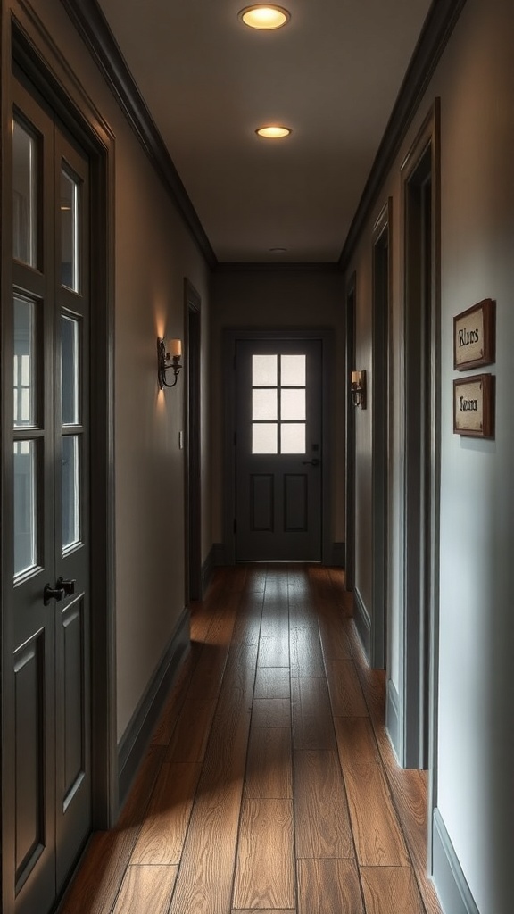 A hallway with personalized name plaques on the wall, featuring the names 'Riley' and 'Kurt.'