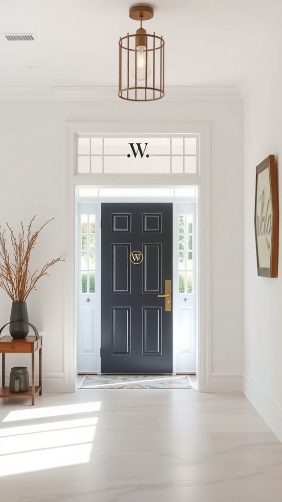 Stylish entryway with a black door featuring a personalized name sign.