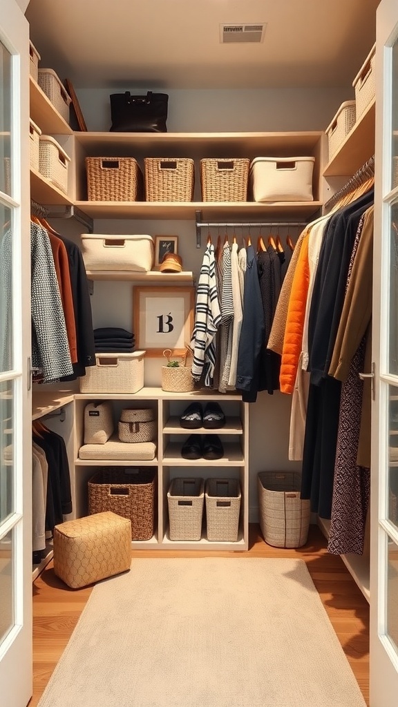 A well-organized walk-in closet with shelves, baskets, and hanging clothes.