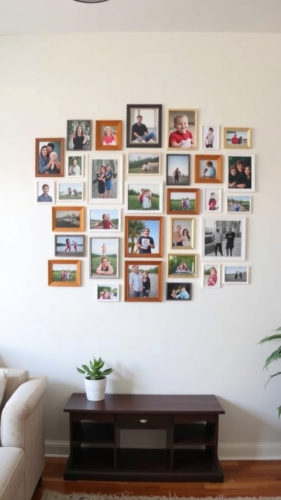 A wall-mounted photo collage featuring various framed pictures of family and friends.