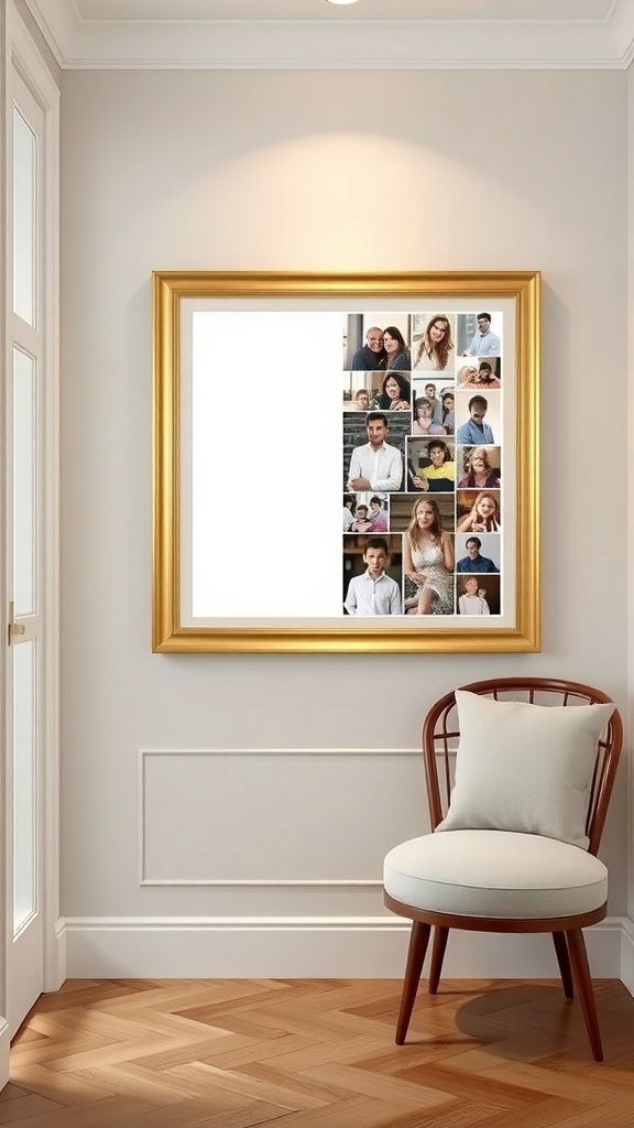 A personalized photo collage in a golden frame, displaying various pictures of family and friends on a wall.
