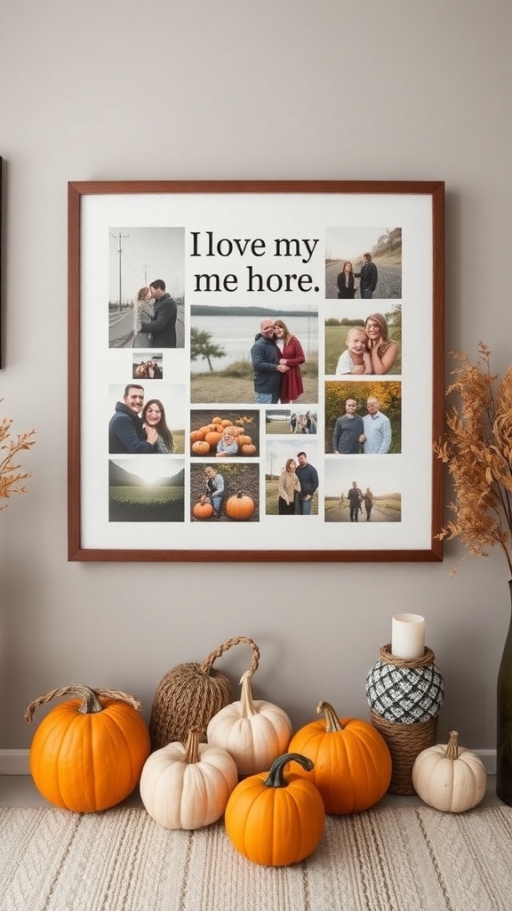 A personalized photo collage framed with the text 'I love my home' and surrounded by decorative pumpkins.