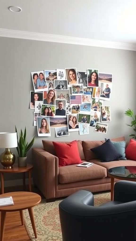 A cozy living room featuring a personalized photo collage on the wall, with a couch and decorative elements.