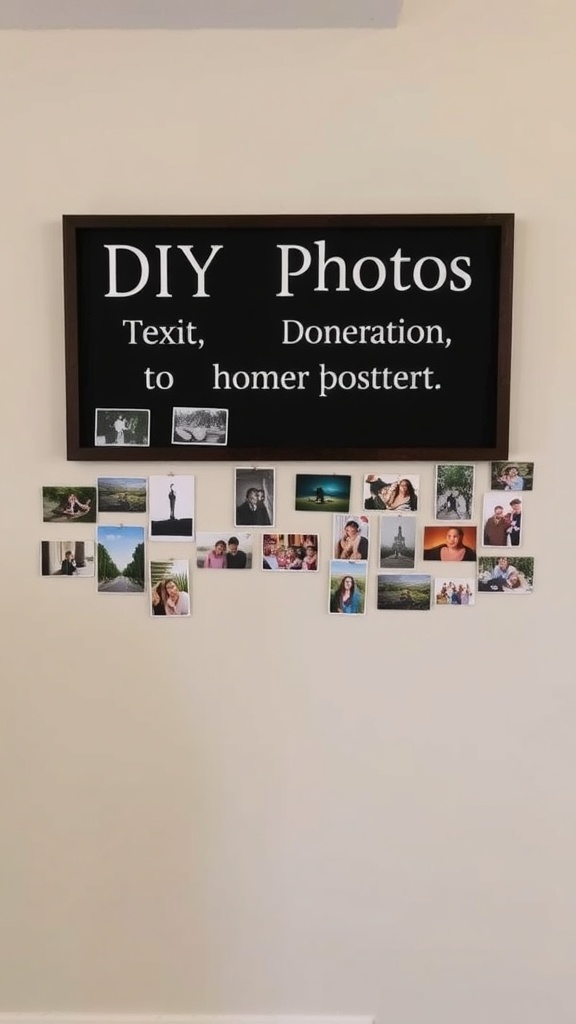 A DIY photo display featuring a sign and various arranged photos on a wall.