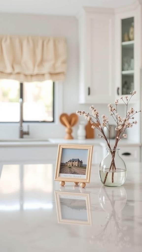 A kitchen countertop featuring a framed photo and a vase with flowers.