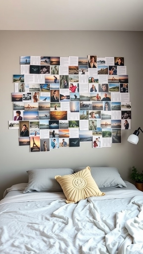 A cozy bedroom with a wall collage of photos and a neatly made bed.