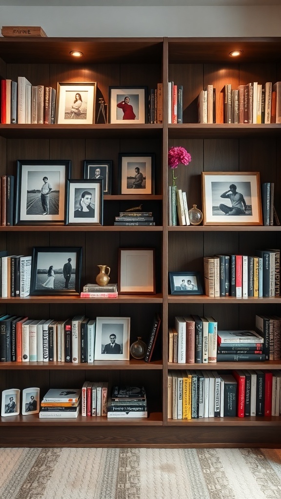 A bookshelf featuring books and framed photographs, showcasing a cozy and personalized display.