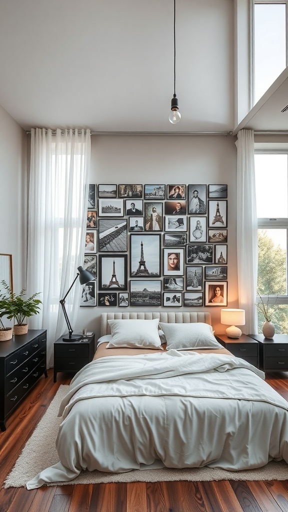A stylish bedroom featuring a personalized photo gallery on the wall, with a cozy bed and modern decor.