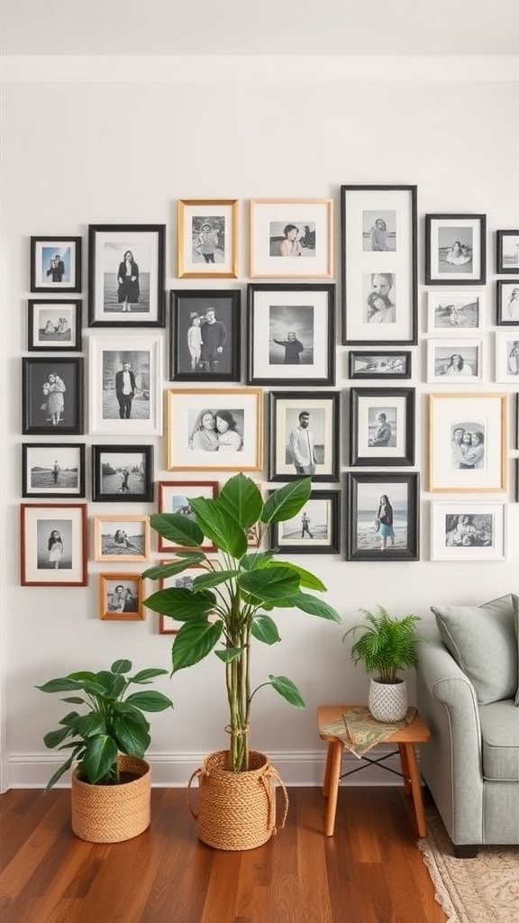 A stylish personalized photo wall featuring a variety of framed black and white photos, complemented by indoor plants and a cozy seating area.