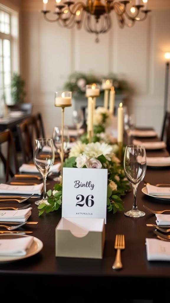 A beautifully arranged dining table with personalized place settings, featuring elegant plates, glassware, and a floral centerpiece.