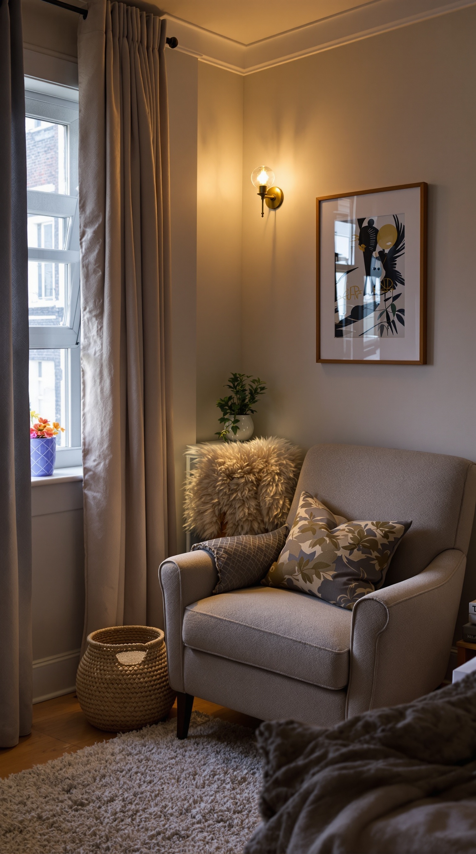 A cozy bedroom featuring a reading nook with a window, soft curtains, and a neatly made bed.
