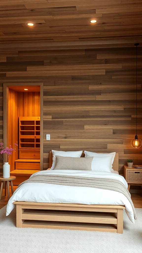 A cozy bedroom featuring a sauna, wooden walls, and soft bedding.