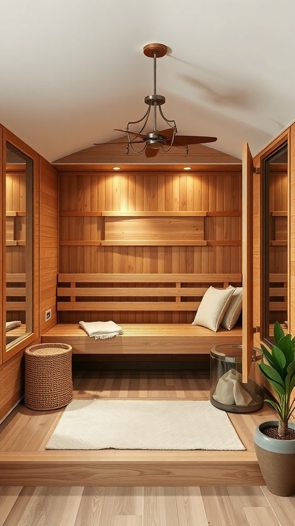 A cozy wooden sauna with a spacious bench, soft rug, and potted plant, designed for relaxation.