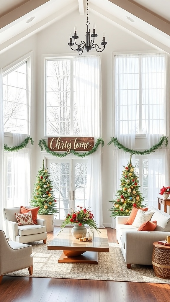 A cozy living room decorated for Christmas with two trees, a sign, and festive decor.
