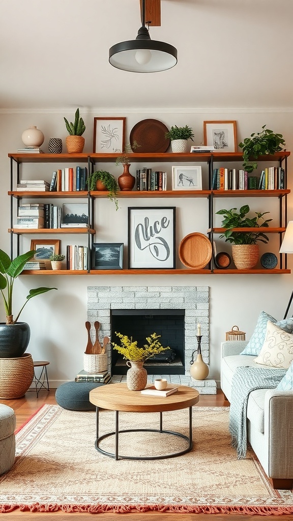 A cozy living room with personalized shelving displaying books, plants, and decorative items.