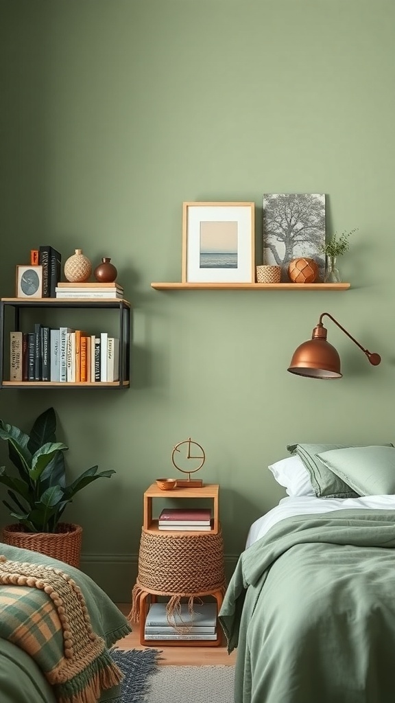 A sage green boho style bedroom featuring personalized shelving with books and decorative items.