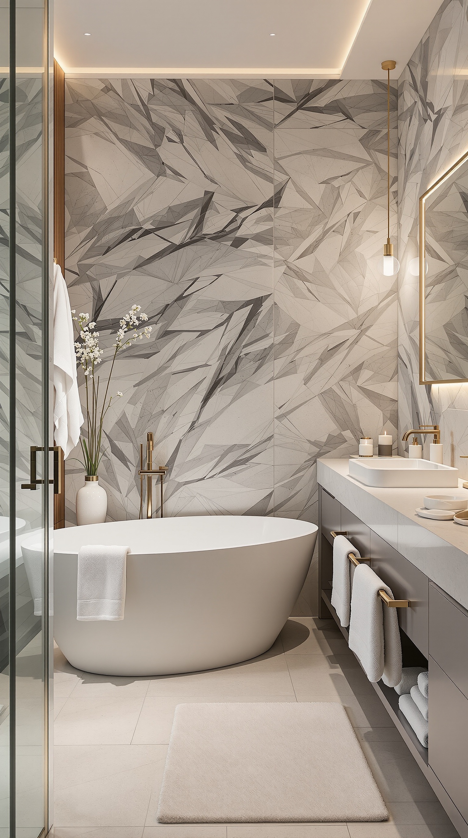 Minimalistisches Badezimmer mit freistehender Badewanne und Holzdetails