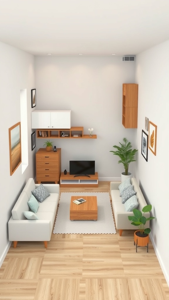 A stylish small living room with two sofas, a coffee table, and decorative elements.