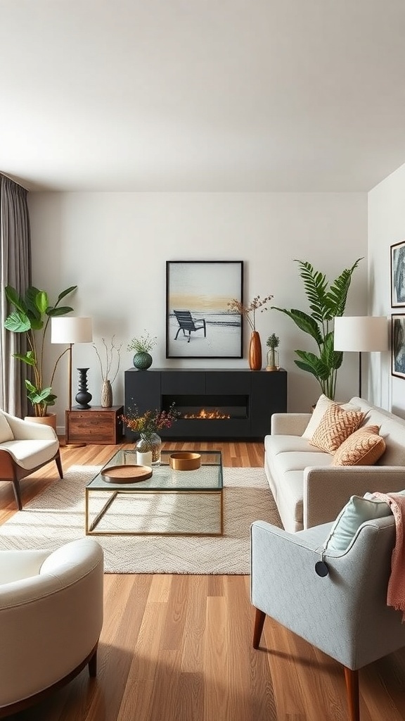 A stylish living room featuring a white sofa, gray armchair, glass coffee table, and plants, creating a cozy atmosphere.