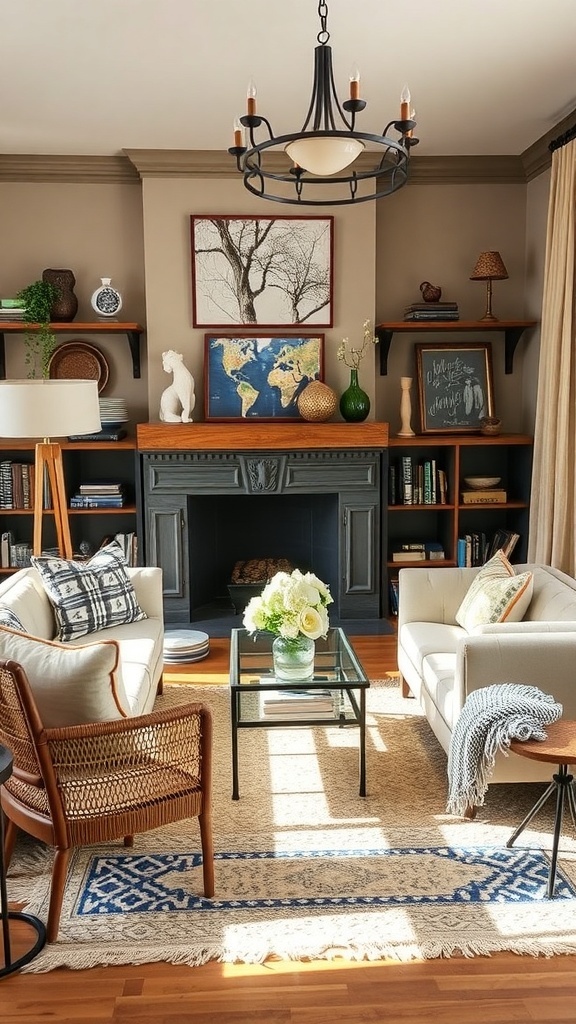 A stylish living room featuring cherry red and aura indigo chairs, a high wooden ceiling, and a large piece of art above the fireplace.