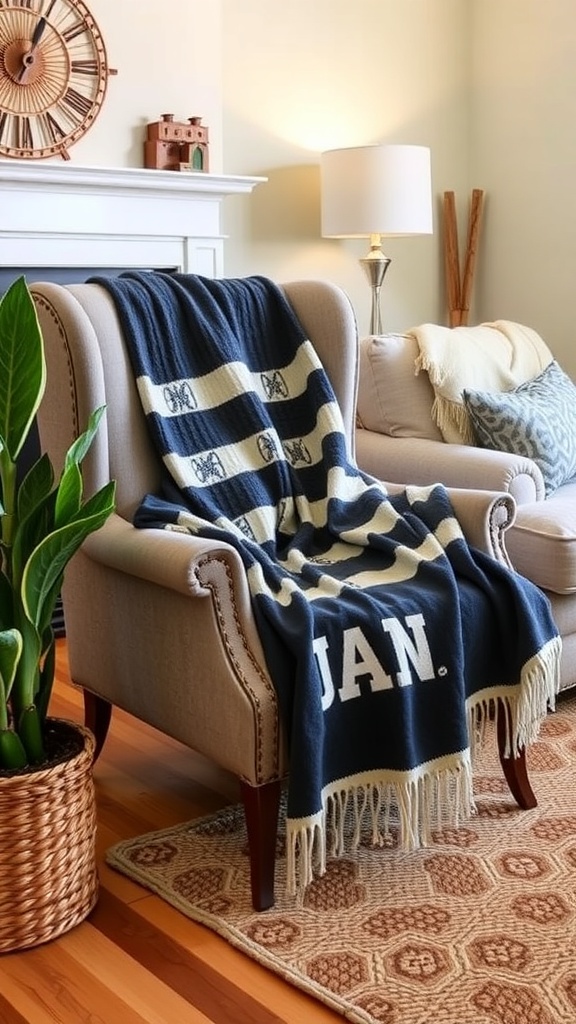 A cozy chair with a personalized throw blanket draped over it, surrounded by plants and warm decor.