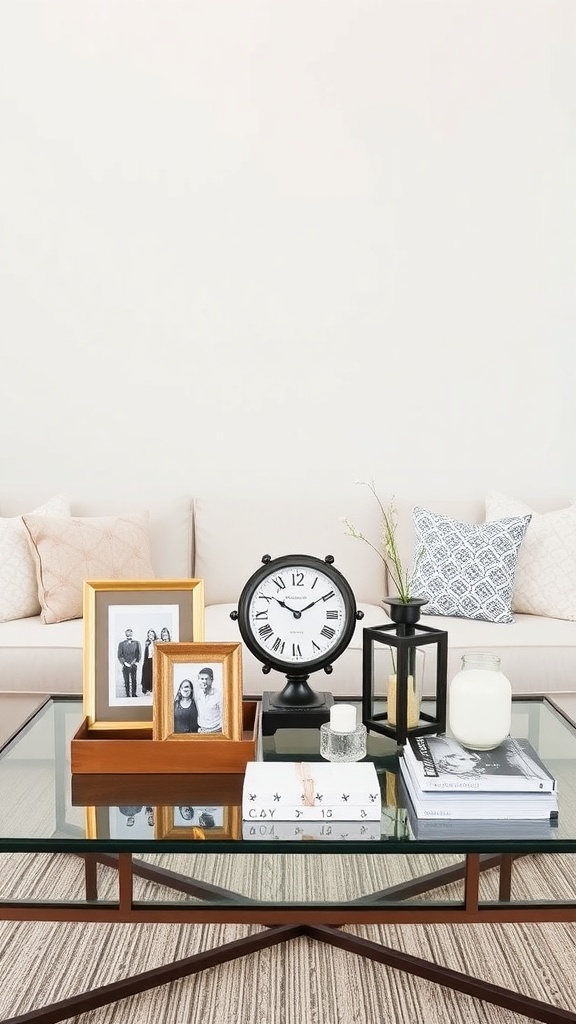 Coffee table arrangement with family photos, a clock, and decorative items.
