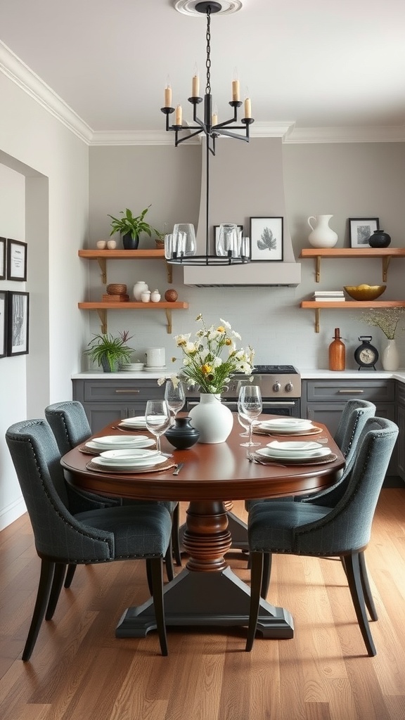 A chic dining room with a round wooden table, elegant chairs, and stylish decor.