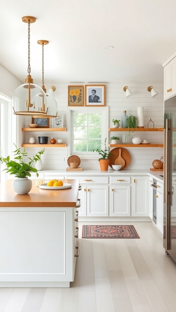 A bright kitchen with white cabinetry, wooden accents, open shelving displaying decor, and artwork on the walls.