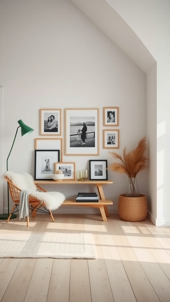 A cozy Scandinavian interior featuring a gallery wall of black and white photos, a stylish chair, and decorative plants.