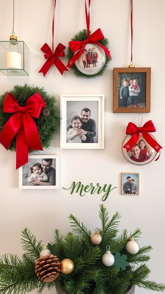 A festive wall display featuring family photos, wreaths with red bows, and a green 'Merry' sign, surrounded by greenery and ornaments.