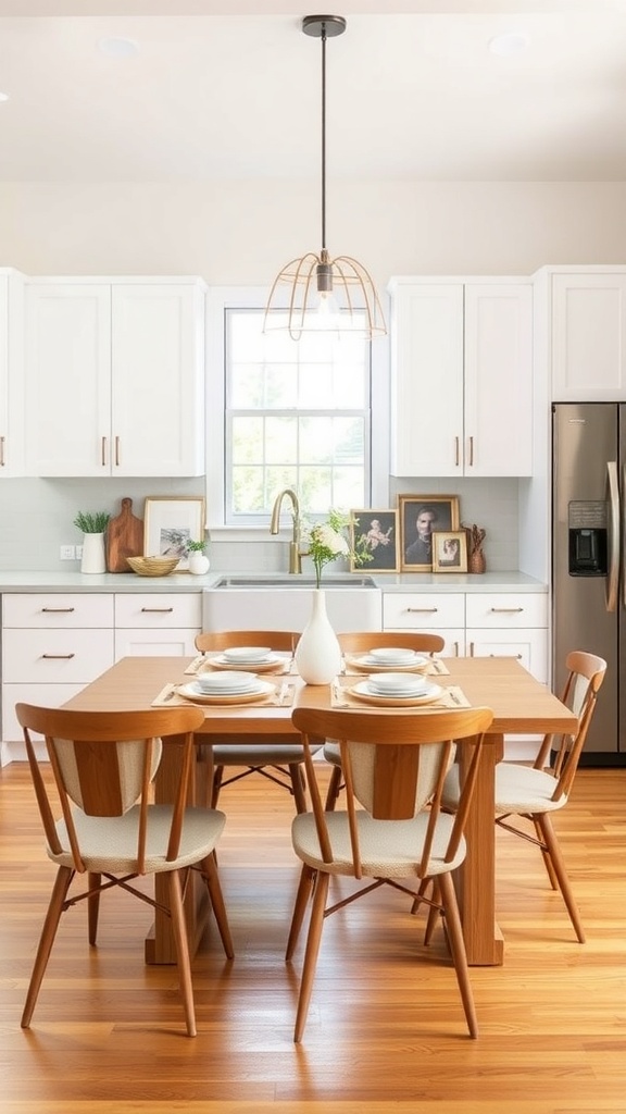 A cozy kitchen with a wooden dining table set for a meal, featuring personal touches like framed photos and decorative items.