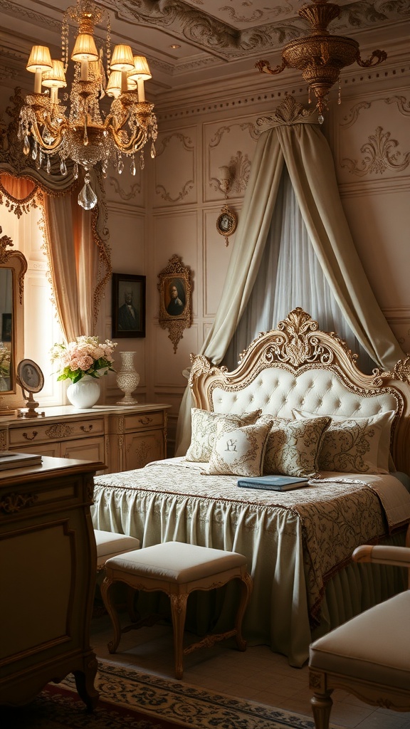 A beautifully decorated Rococo bedroom featuring elegant furniture, soft textiles, and vintage decor.