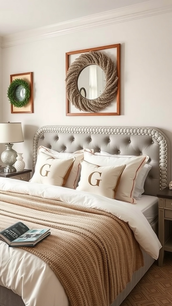 A cozy bedroom featuring personalized decor with monogrammed pillows and decorative mirrors.