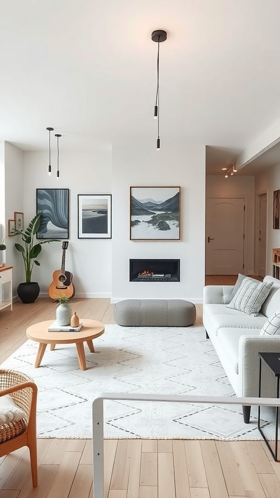 Cozy Scandinavian living room with modern decor, artwork, and plants