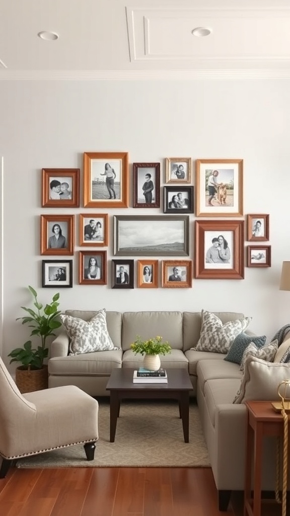 Cozy living room with a gallery wall of framed photographs and comfortable furniture.