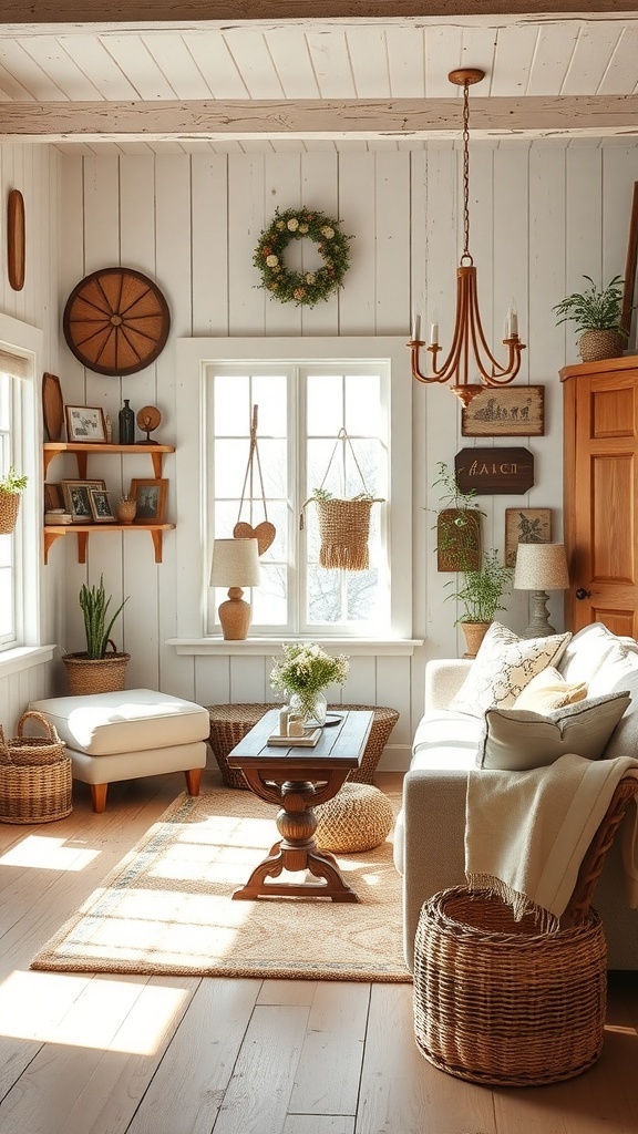 A cozy rustic farmhouse living room with natural light, wooden furniture, and personal decor.