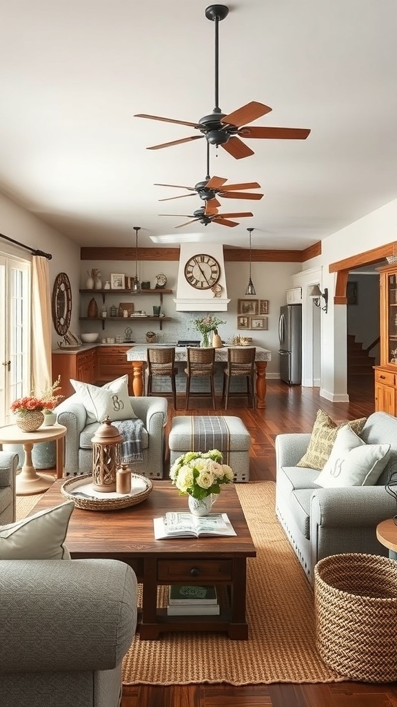 A cozy farmhouse living room featuring gray sofas, a wooden coffee table, and decorative elements.