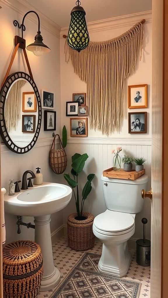 A boho-style bathroom featuring a macramé wall hanging, framed photos, a round mirror, and potted plants.
