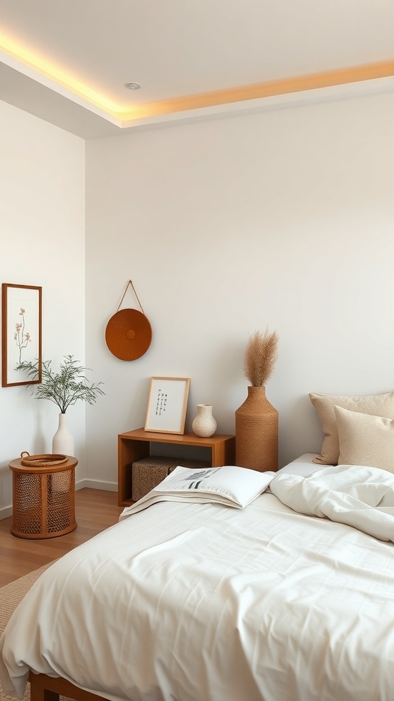 A serene Japandi bedroom featuring neutral colors, minimalist decor, and warm lighting.